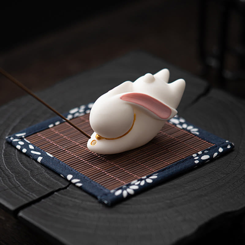 Flying Rabbit Bamboo Mat Ceramic Incense Burner Desk Decoration