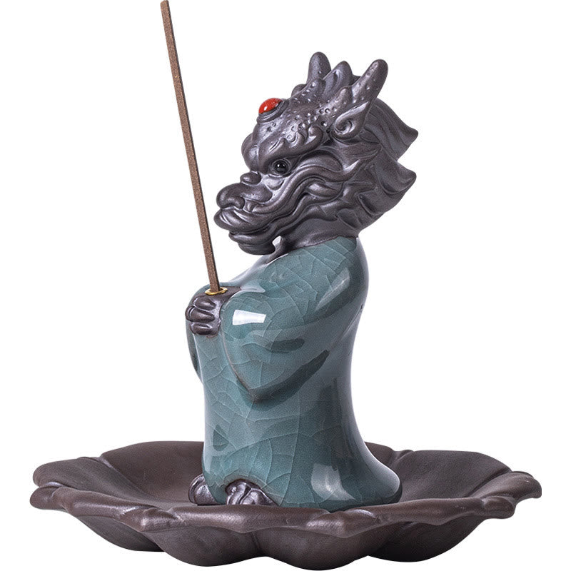 Praying Dragon King Lotus Base Fu Character Ceramic Incense Burner Desk Decoration