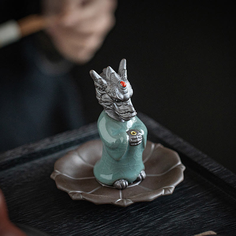 Praying Dragon King Lotus Base Fu Character Ceramic Incense Burner Desk Decoration