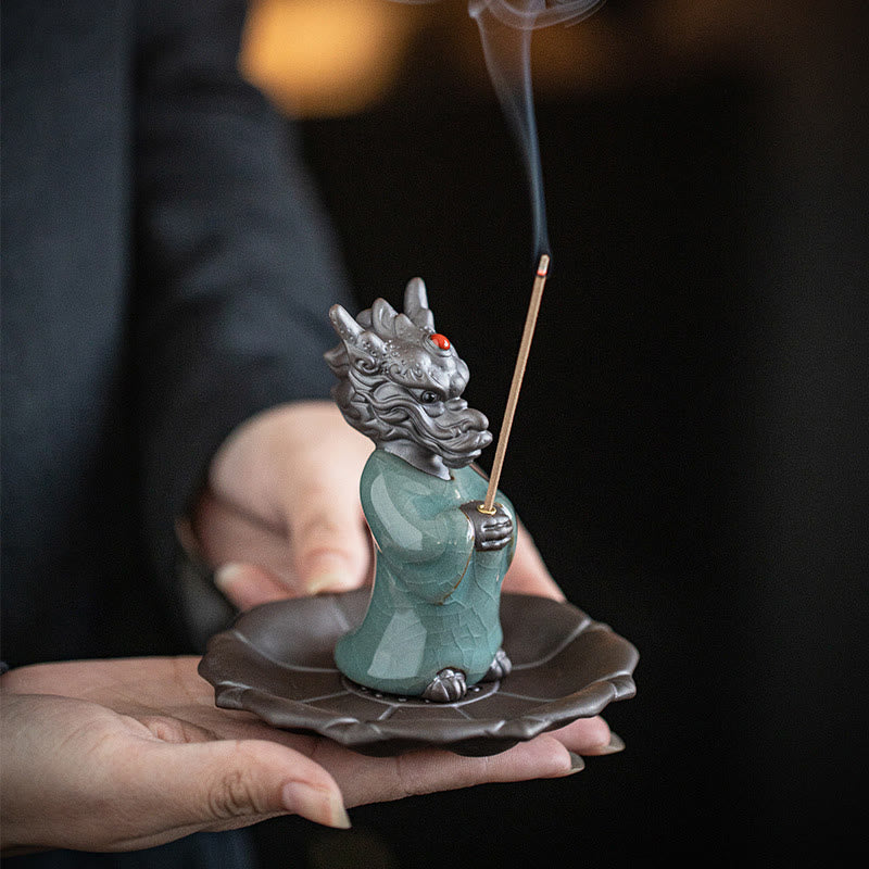 Praying Dragon King Lotus Base Fu Character Ceramic Incense Burner Desk Decoration