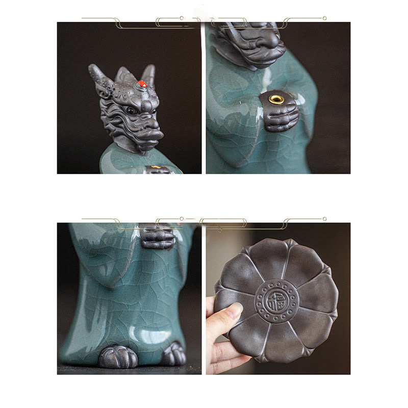 Praying Dragon King Lotus Base Fu Character Ceramic Incense Burner Desk Decoration