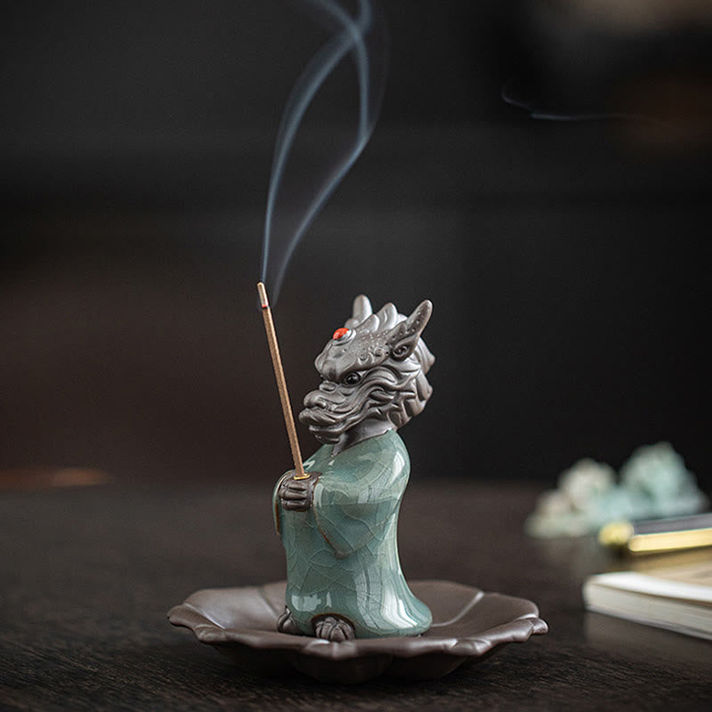 Praying Dragon King Lotus Base Fu Character Ceramic Incense Burner Desk Decoration