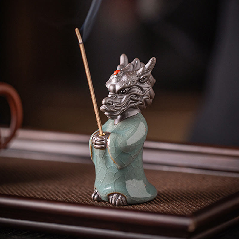 Praying Dragon King Lotus Base Fu Character Ceramic Incense Burner Desk Decoration