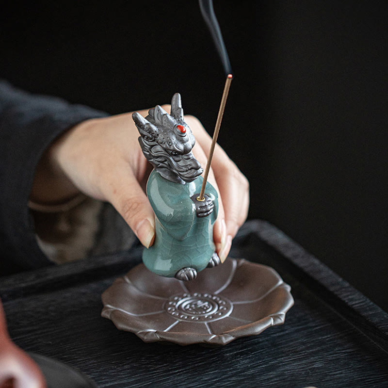 Praying Dragon King Lotus Base Fu Character Ceramic Incense Burner Desk Decoration