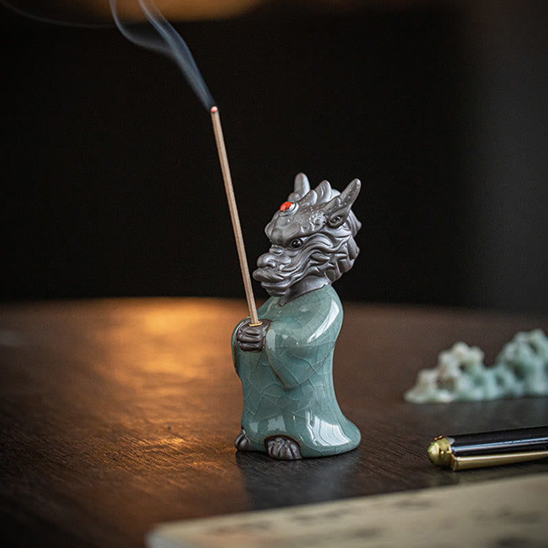 Praying Dragon King Lotus Base Fu Character Ceramic Incense Burner Desk Decoration