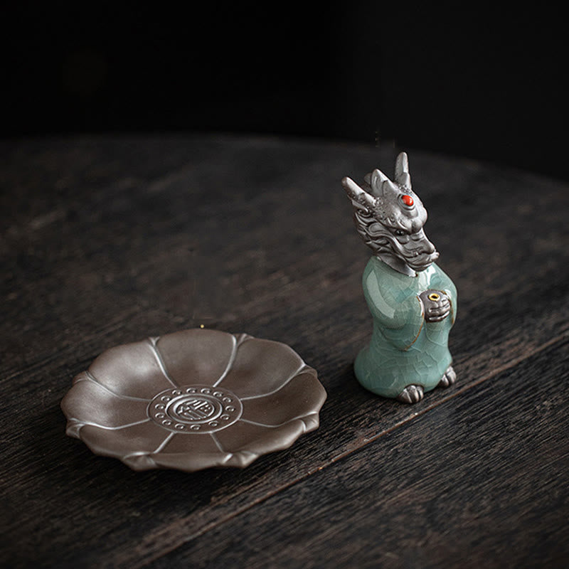 Praying Dragon King Lotus Base Fu Character Ceramic Incense Burner Desk Decoration