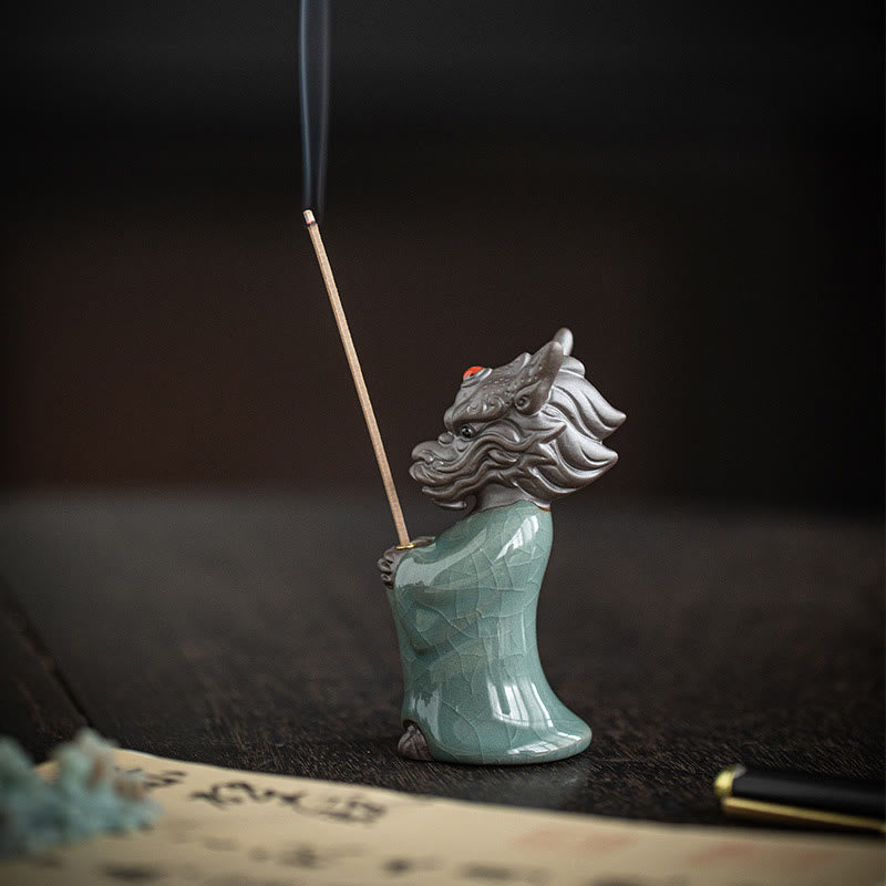Praying Dragon King Lotus Base Fu Character Ceramic Incense Burner Desk Decoration