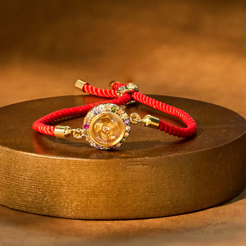 Copper Brass Color Rotatable Windmill Feng Sheng Shui Qi Fu Red String Faith Braided Bracelet