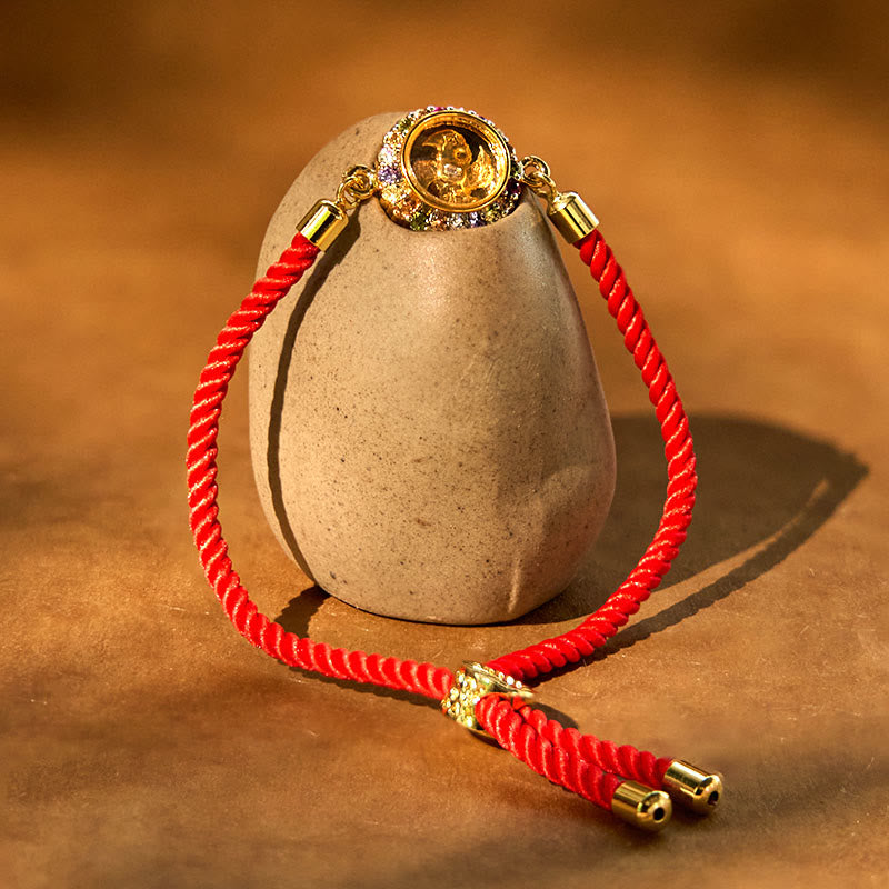 Copper Brass Color Rotatable Windmill Feng Sheng Shui Qi Fu Red String Faith Braided Bracelet