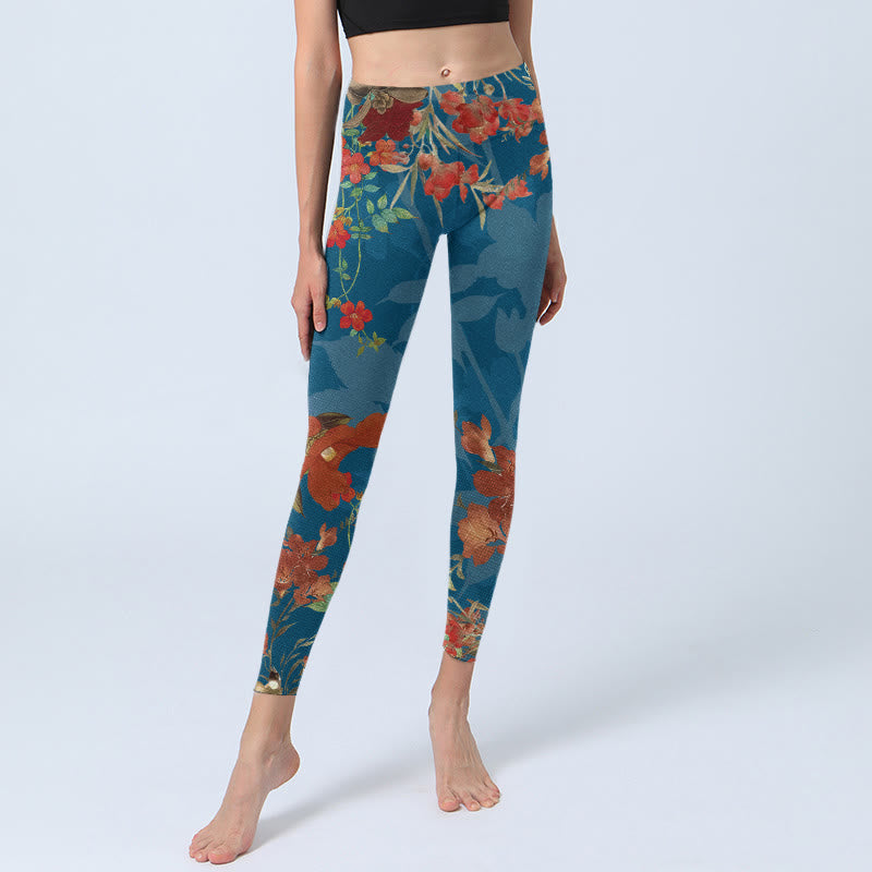 Blue Red Flowers Birds Print Gym Leggings Women's Yoga Pants