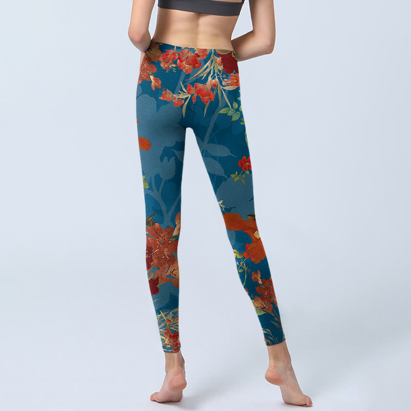 Blue Red Flowers Birds Print Gym Leggings Women's Yoga Pants