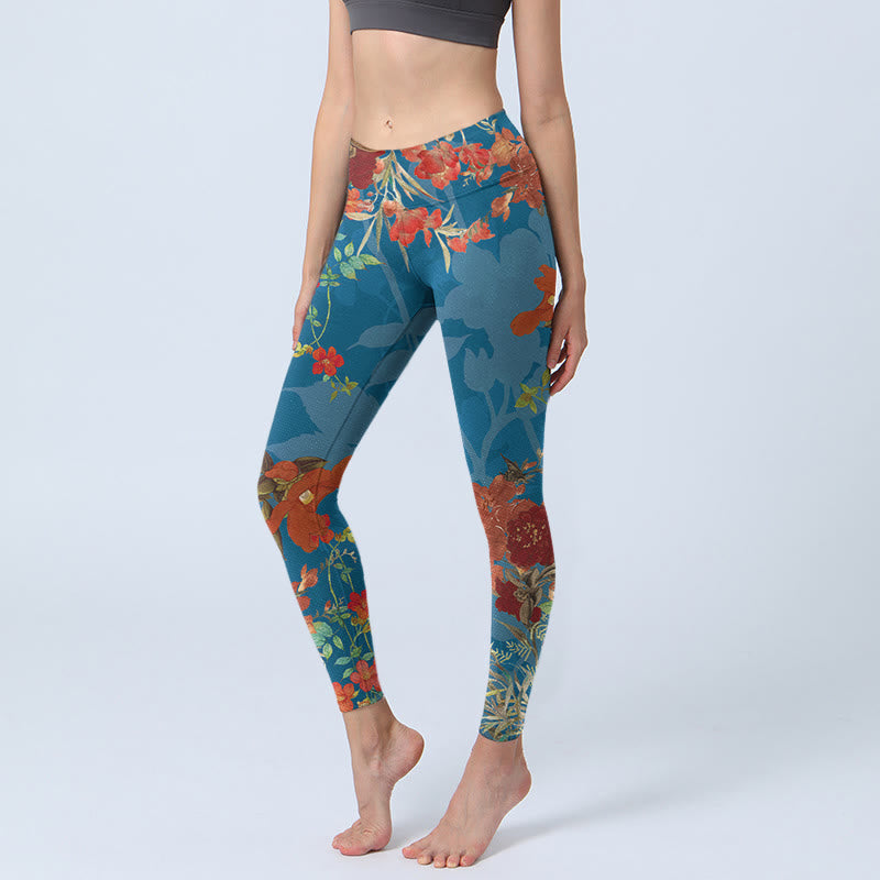 Blue Red Flowers Birds Print Gym Leggings Women's Yoga Pants