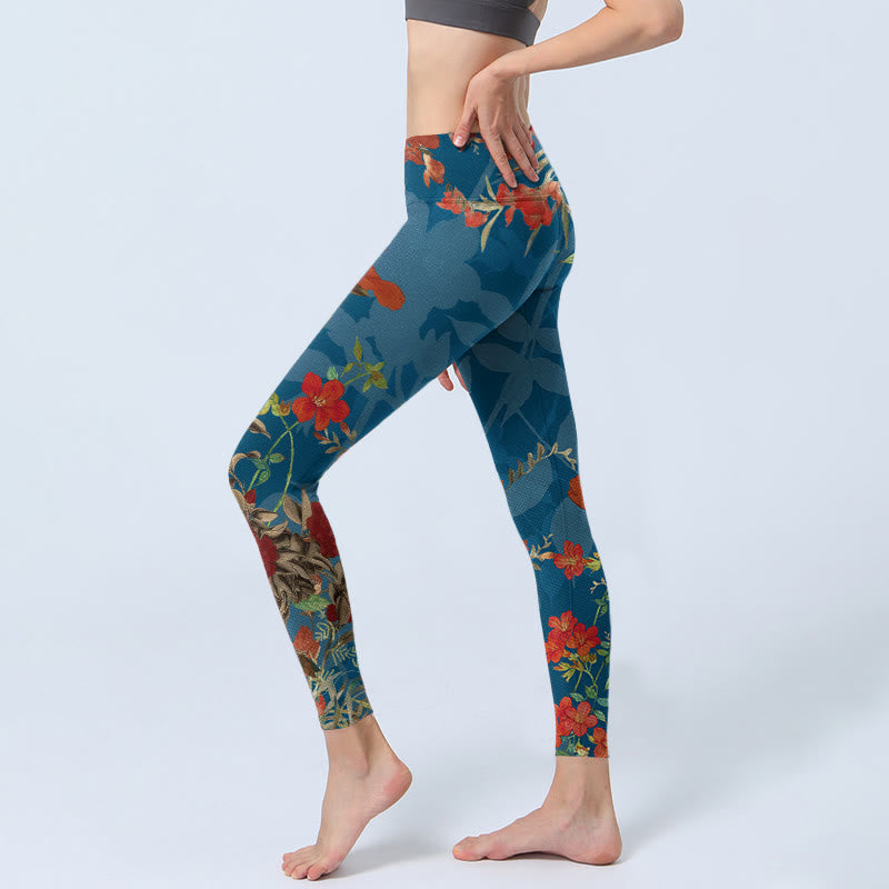 Blue Red Flowers Birds Print Gym Leggings Women's Yoga Pants