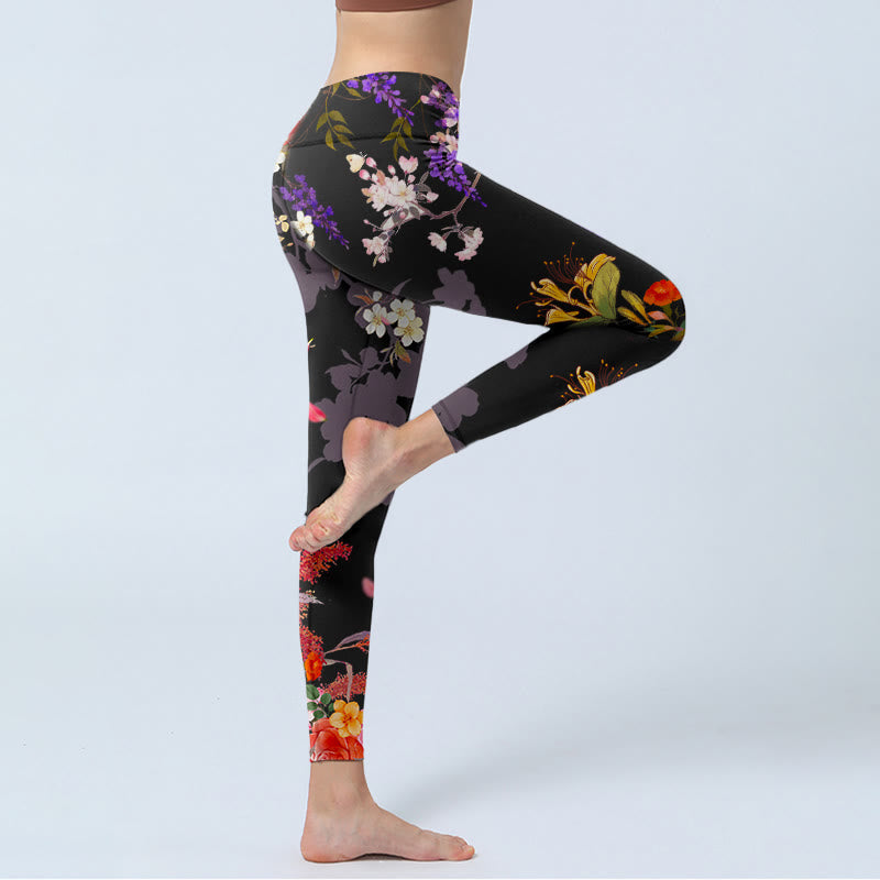 Black Colorful Flowers Print Gym Leggings Women's Yoga Pants