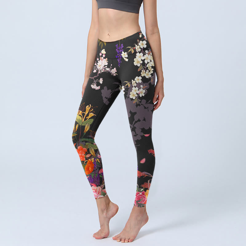 Black Colorful Flowers Print Gym Leggings Women's Yoga Pants