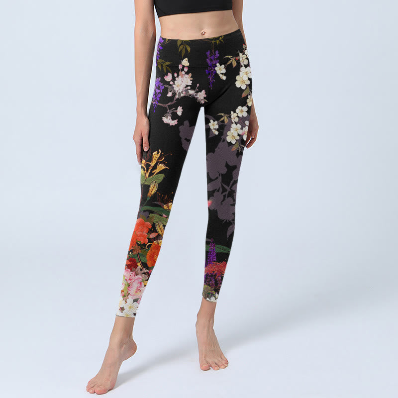 Black Colorful Flowers Print Gym Leggings Women's Yoga Pants
