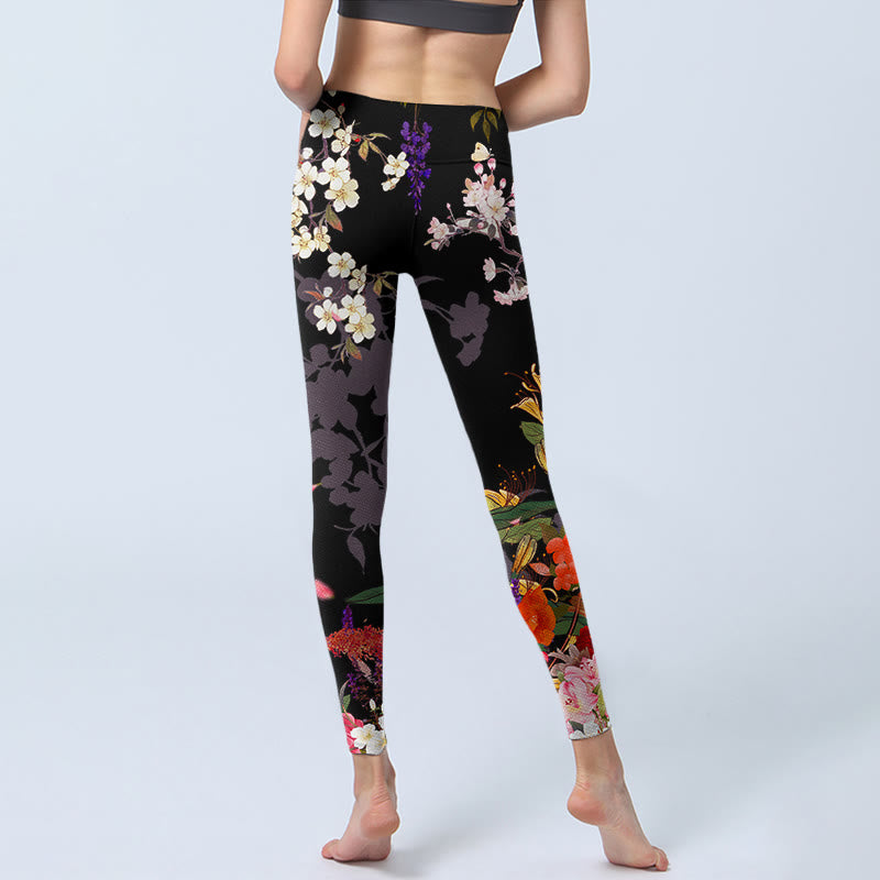 Black Colorful Flowers Print Gym Leggings Women's Yoga Pants