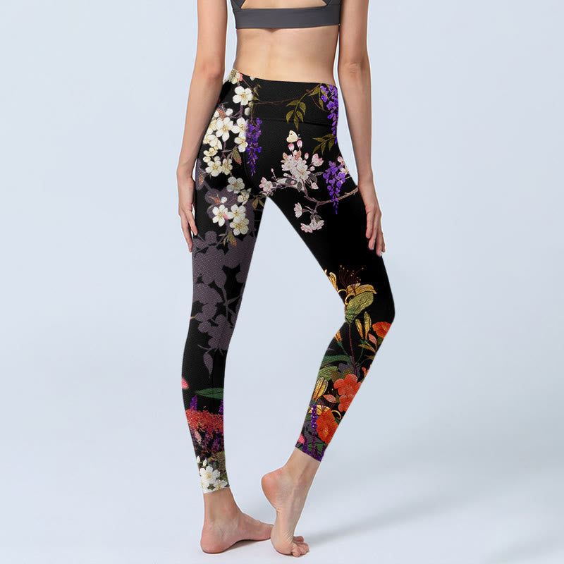 Black Colorful Flowers Print Gym Leggings Women's Yoga Pants