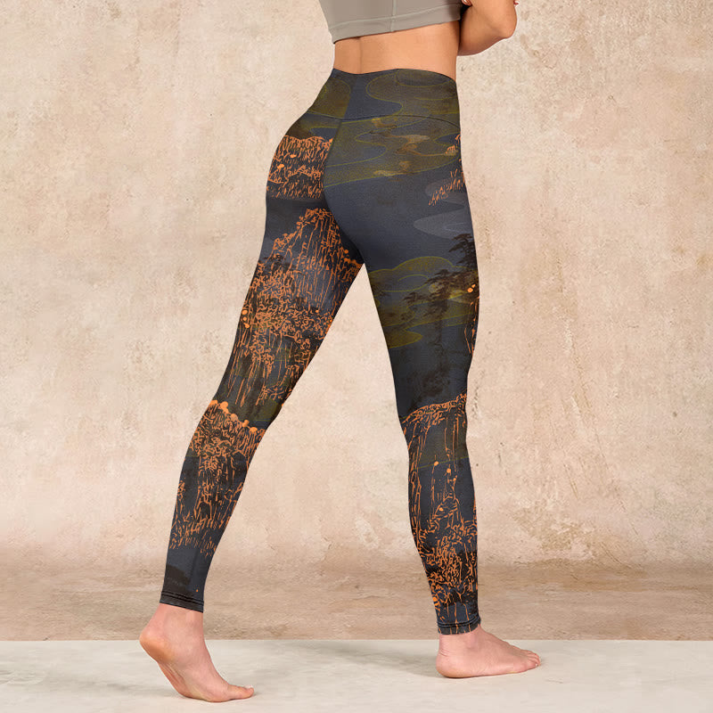 Golden Mountains Clouds Print Gym Leggings Women's Yoga Pants