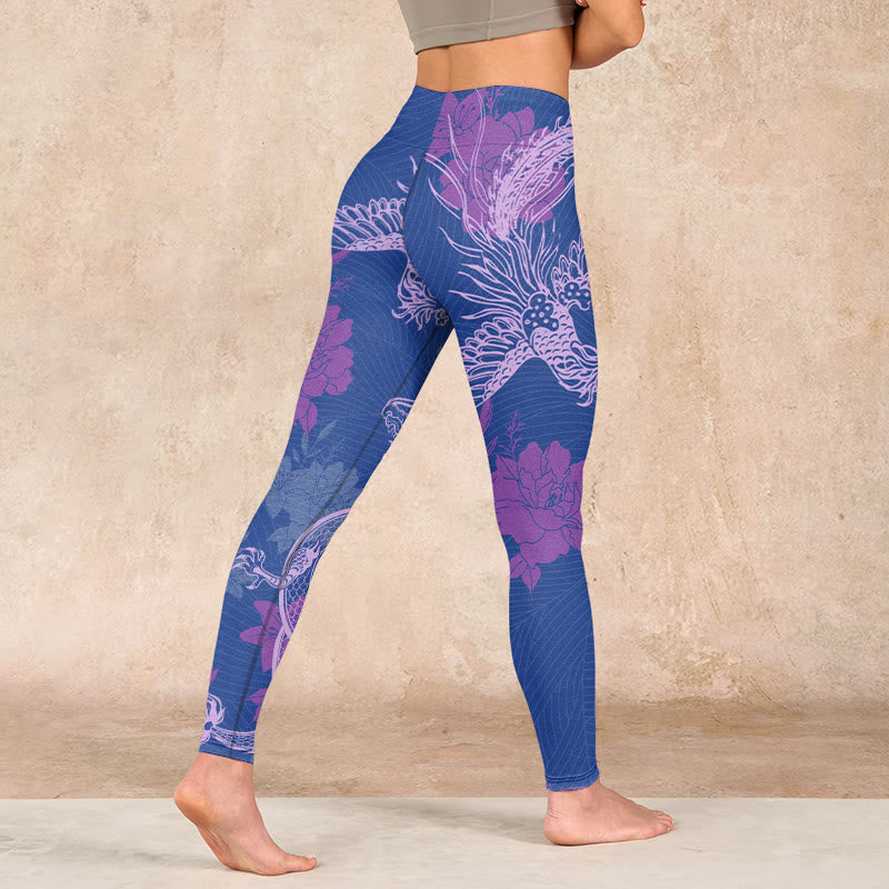 Purple Dragon Phoenix Flowers Print Gym Leggings Women's Yoga Pants