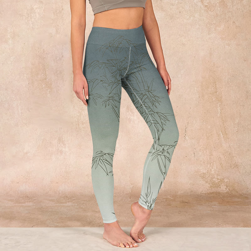 Bamboo Leaves Sketch Print Sports Leggings Women's Yoga Pants