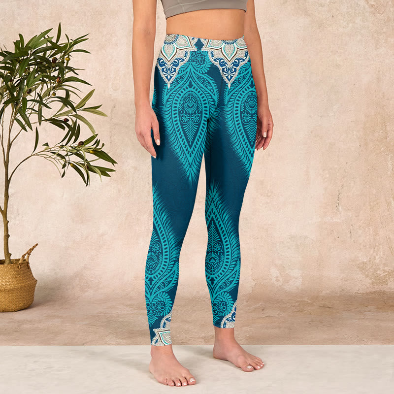 Green Feather Flower Print Gym Fitness Leggings Women's Yoga Pants