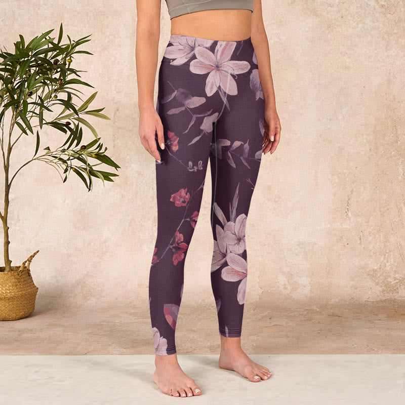 Purple White Flowers Leaves Blossom Print Gym Fitness Leggings Women's Yoga Pants