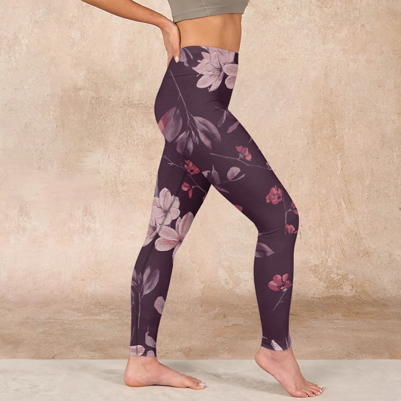 Purple White Flowers Leaves Blossom Print Gym Fitness Leggings Women's Yoga Pants