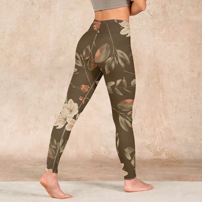 Purple White Flowers Leaves Blossom Print Gym Fitness Leggings Women's Yoga Pants