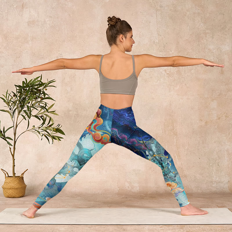 Blue Dragon Auspicious Clouds Print Gym Leggings Women's Yoga Pants