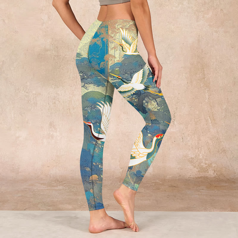 Blue Red-crowned Crane Pine Tree Print Gym Leggings Women's Yoga Pants