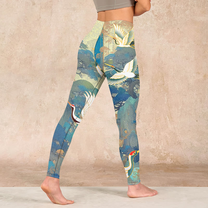 Blue Red-crowned Crane Pine Tree Print Gym Leggings Women's Yoga Pants