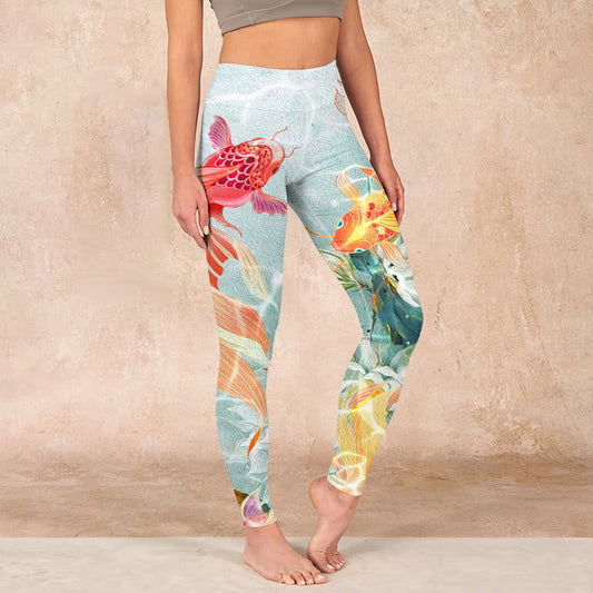 Green Koi Fish White Lotus Water Ripples Print Gym Leggings Women's Yoga Pants