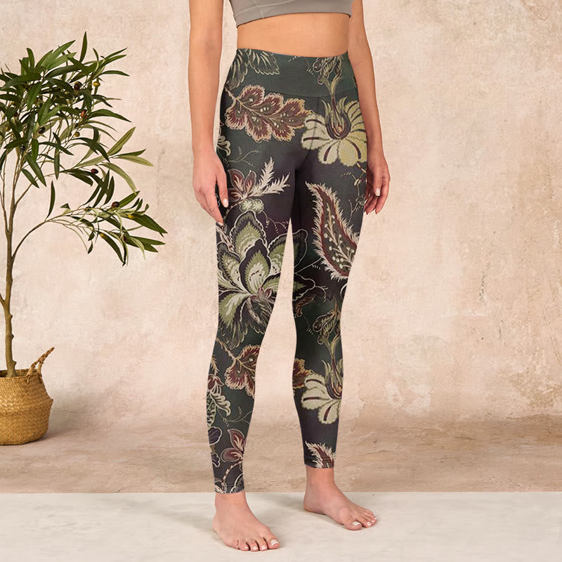 Olive Florals Print Sports Fitness Leggings Women's Yoga Pants