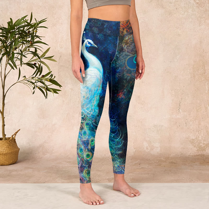 Blue Peacock Colorful Feathers Print Gym Leggings Women's Yoga Pants