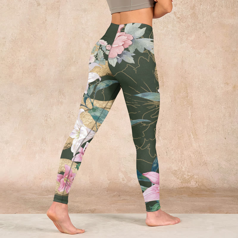 Green Golden Snake Lily Peony Flowers Print Gym Leggings Women's Yoga Pants
