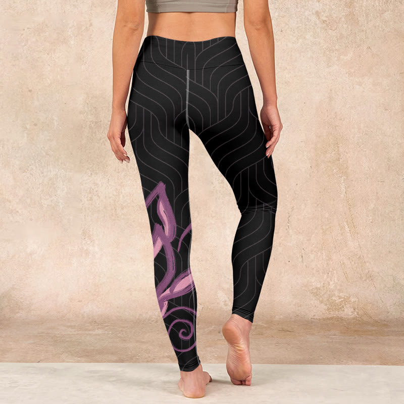 Black Pink Lotus Flower Print Gym Leggings Women's Yoga Pants