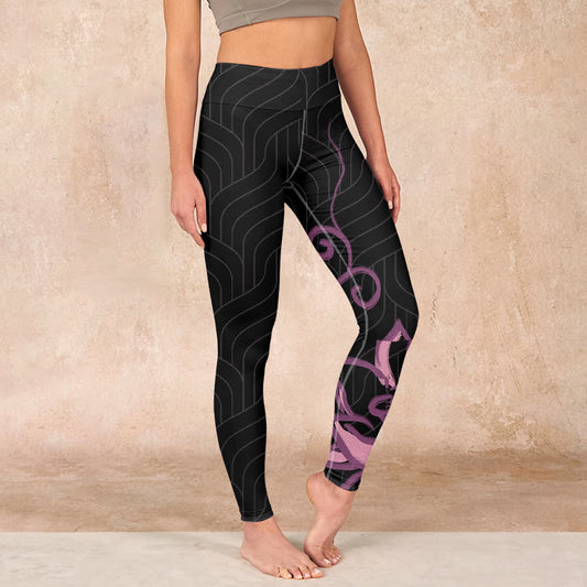 Black Pink Lotus Flower Print Gym Leggings Women's Yoga Pants