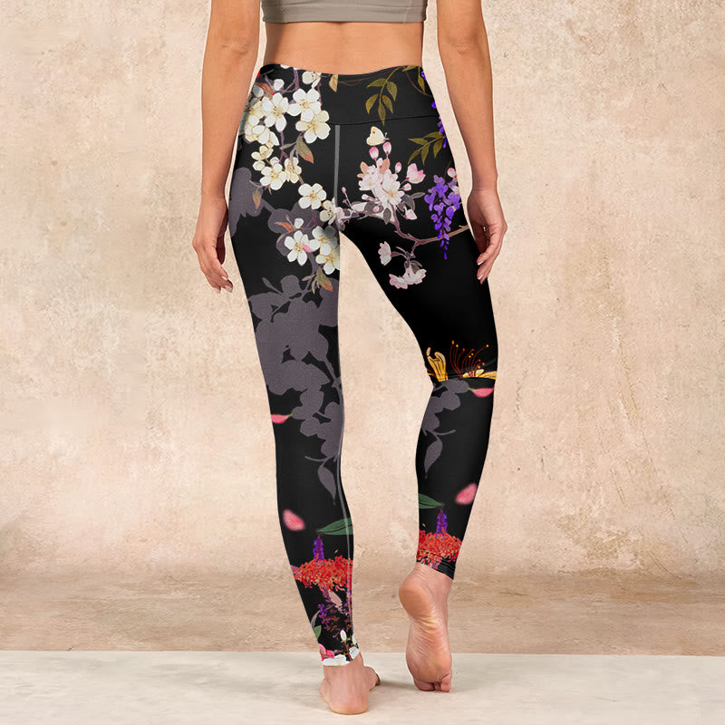 Black Colorful Flowers Print Gym Leggings Women's Yoga Pants