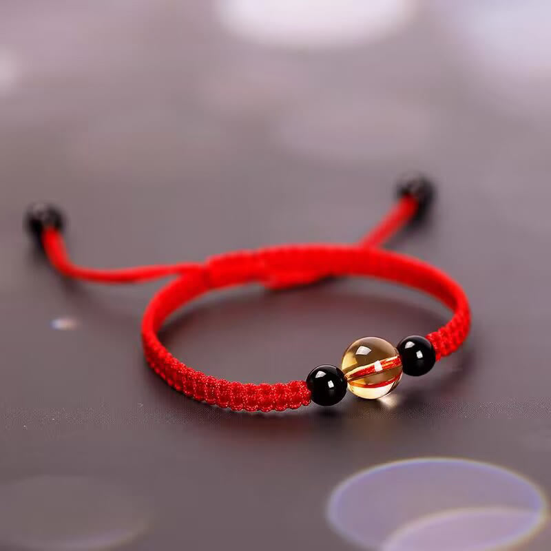 Handcrafted Citrine Black Obsidian Bead King Kong Knot Peace Knot Luck Rope Bracelet