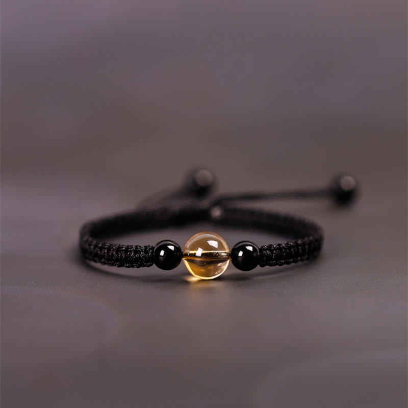 Handcrafted Citrine Black Obsidian Bead King Kong Knot Peace Knot Luck Rope Bracelet
