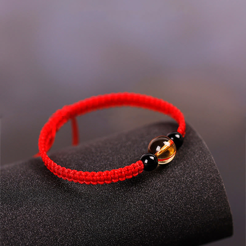 Handcrafted Citrine Black Obsidian Bead King Kong Knot Peace Knot Luck Rope Bracelet