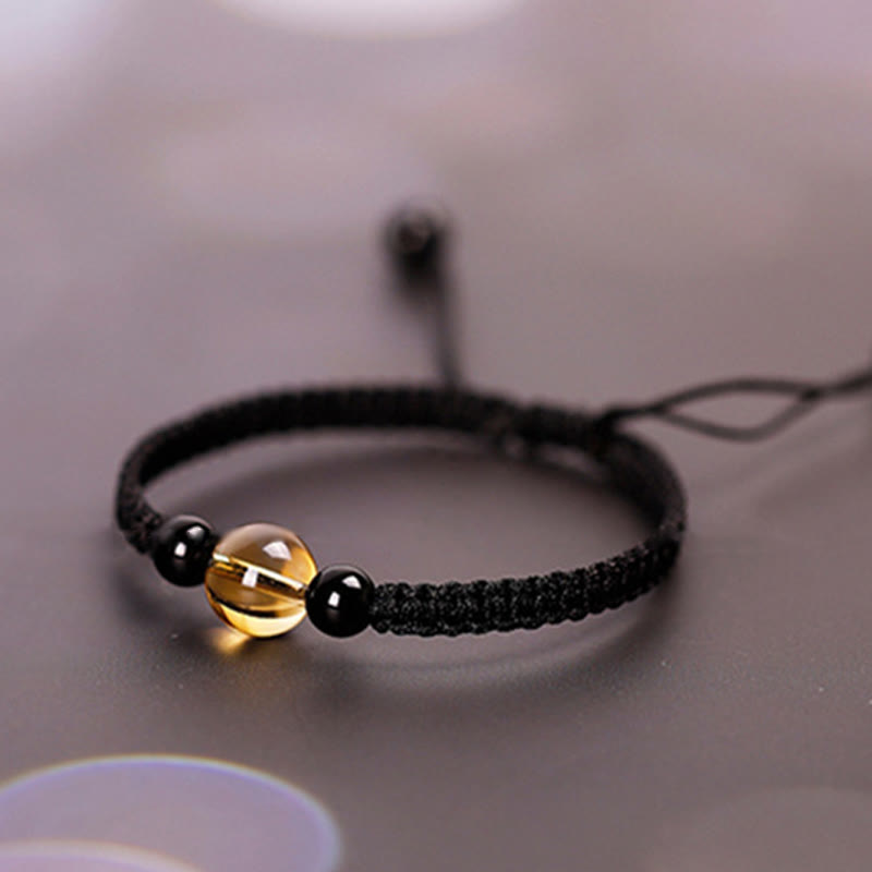 Handcrafted Citrine Black Obsidian Bead King Kong Knot Peace Knot Luck Rope Bracelet