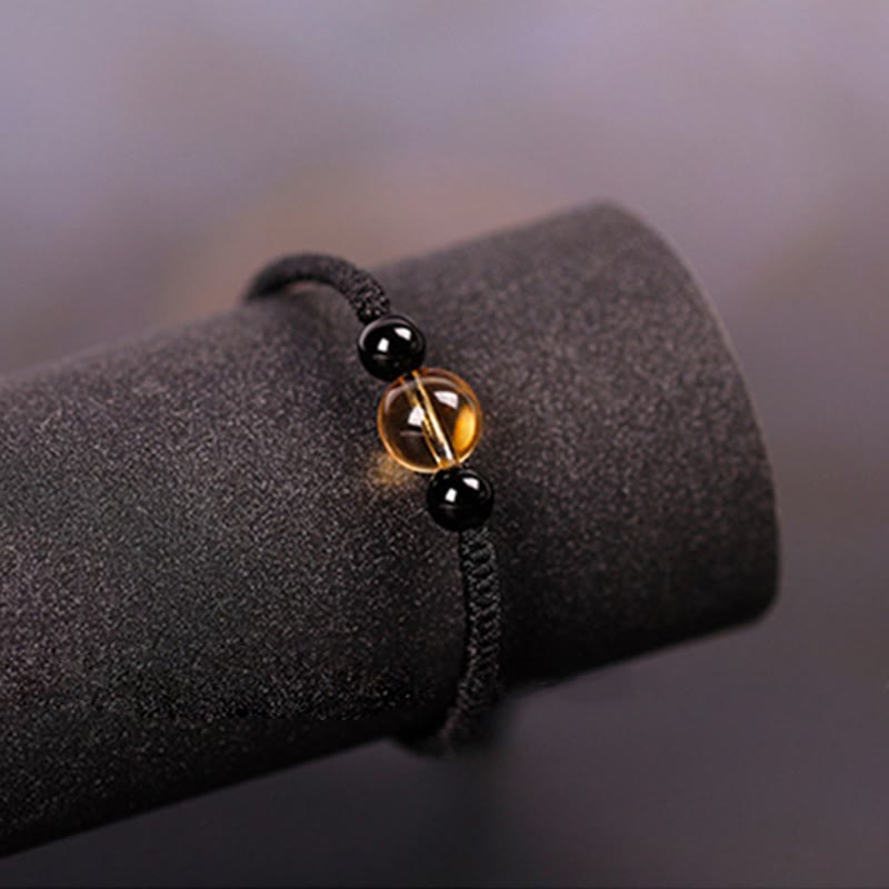 Handcrafted Citrine Black Obsidian Bead King Kong Knot Peace Knot Luck Rope Bracelet