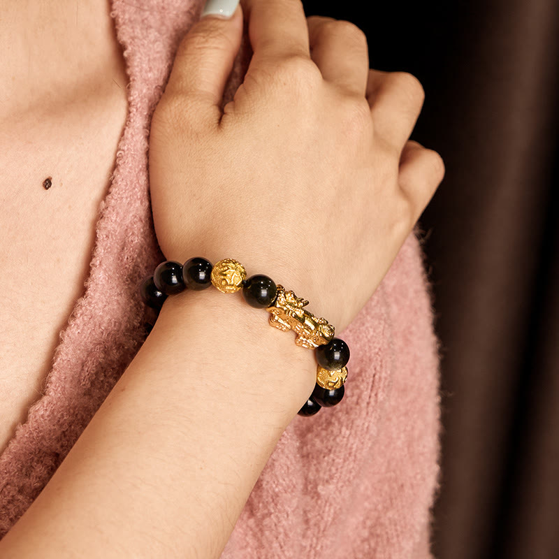 Natural Gold Sheen Obsidian PiXiu Om Mani Padme Hum Wealth Bracelet