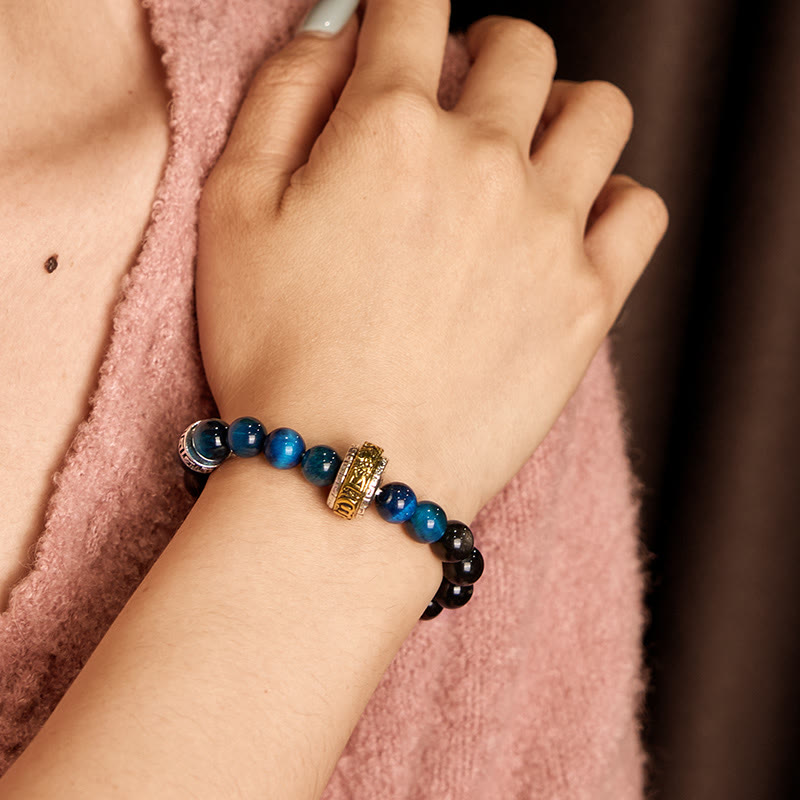 Silver Sheen Obsidian Blue Tiger Eye Om Mani Padme Hum Protection Bracelet