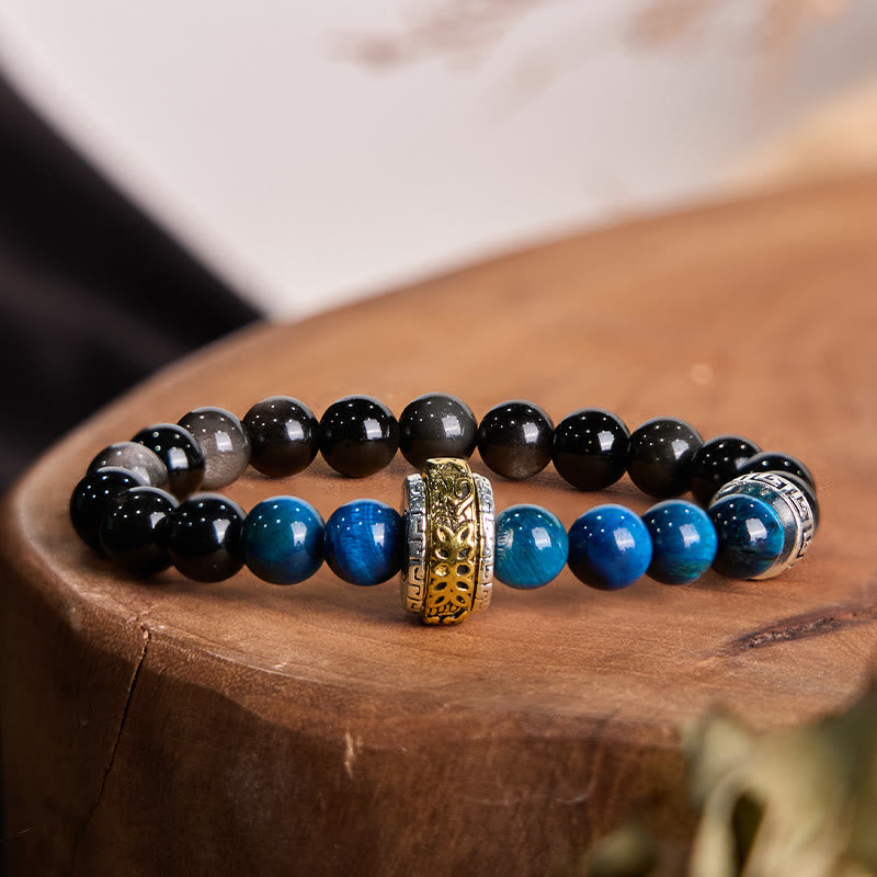 Silver Sheen Obsidian Blue Tiger Eye Om Mani Padme Hum Protection Bracelet