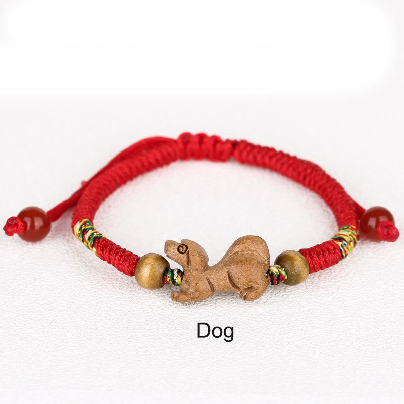 Handmade Chinese Zodiac Red String Peach Wood Luck Bracelet