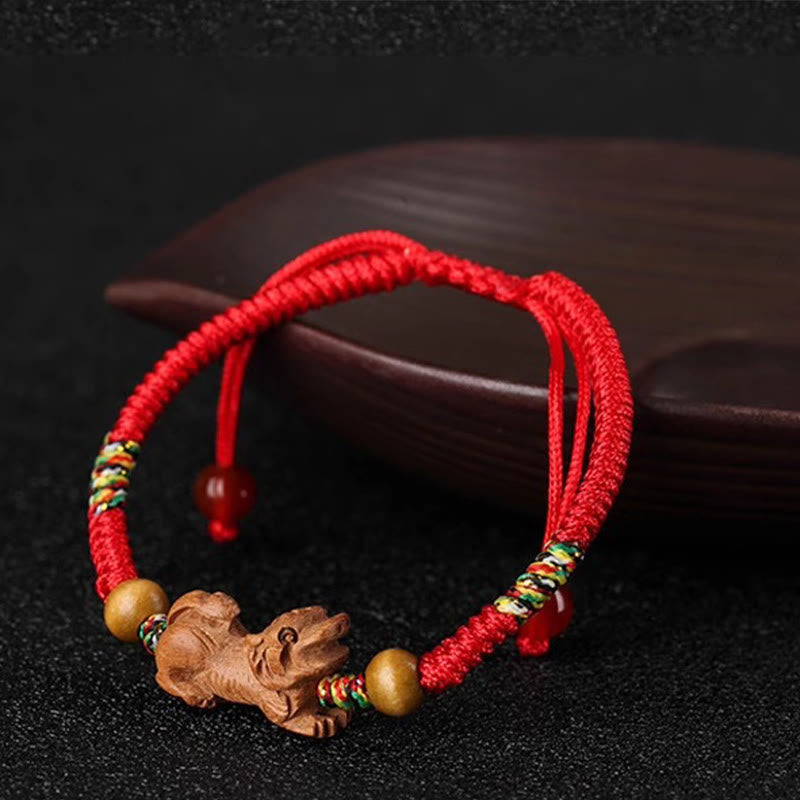 Handmade Chinese Zodiac Red String Peach Wood Luck Bracelet