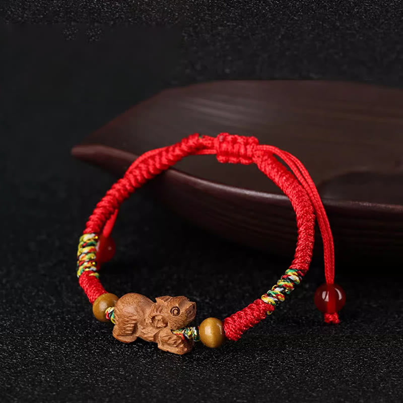 Handmade Chinese Zodiac Red String Peach Wood Luck Bracelet